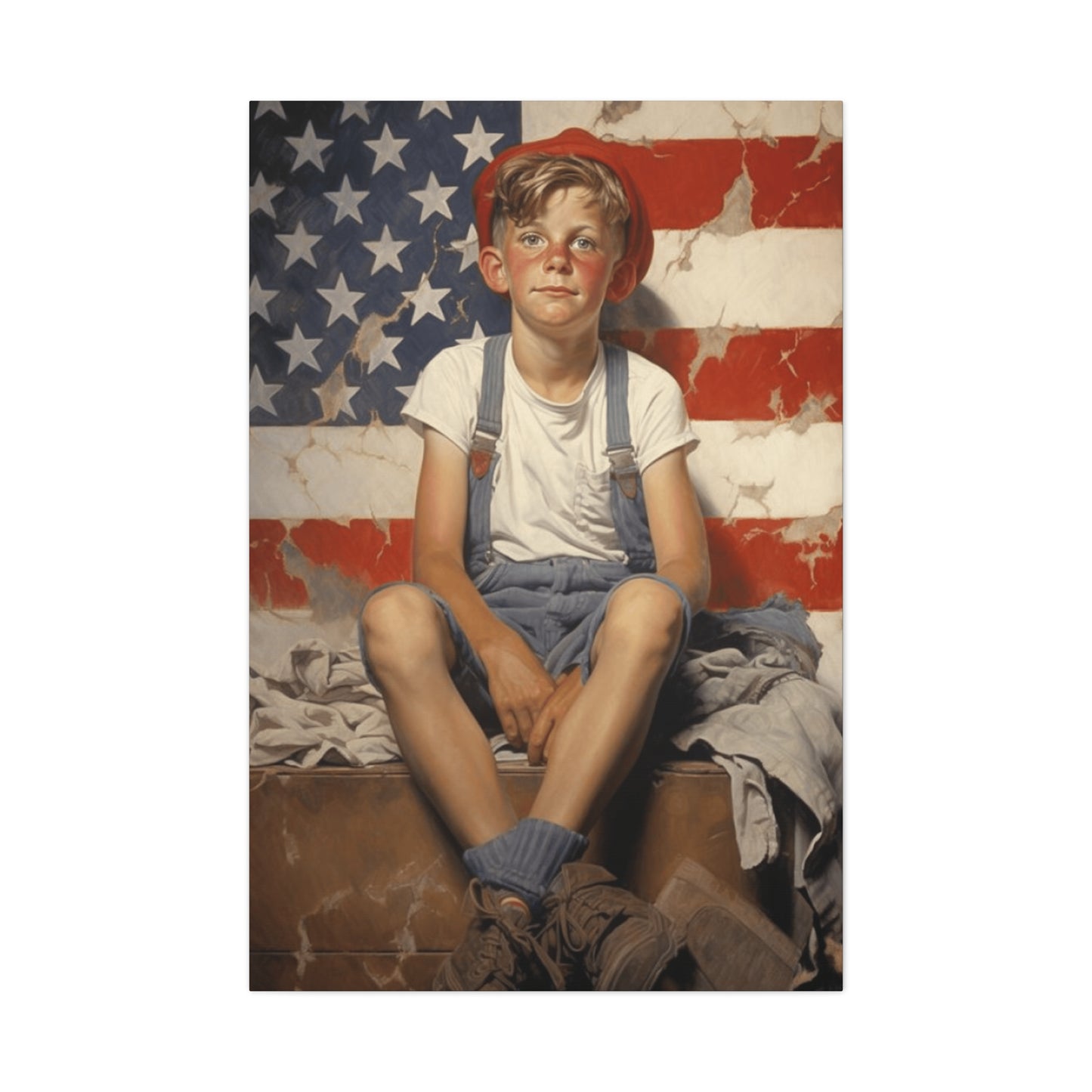 American Boy in front of American Flag Wall Art & Canvas Prints