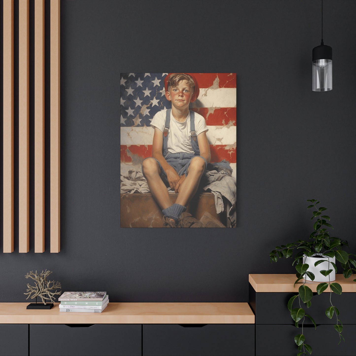 American Boy in front of American Flag Wall Art & Canvas Prints