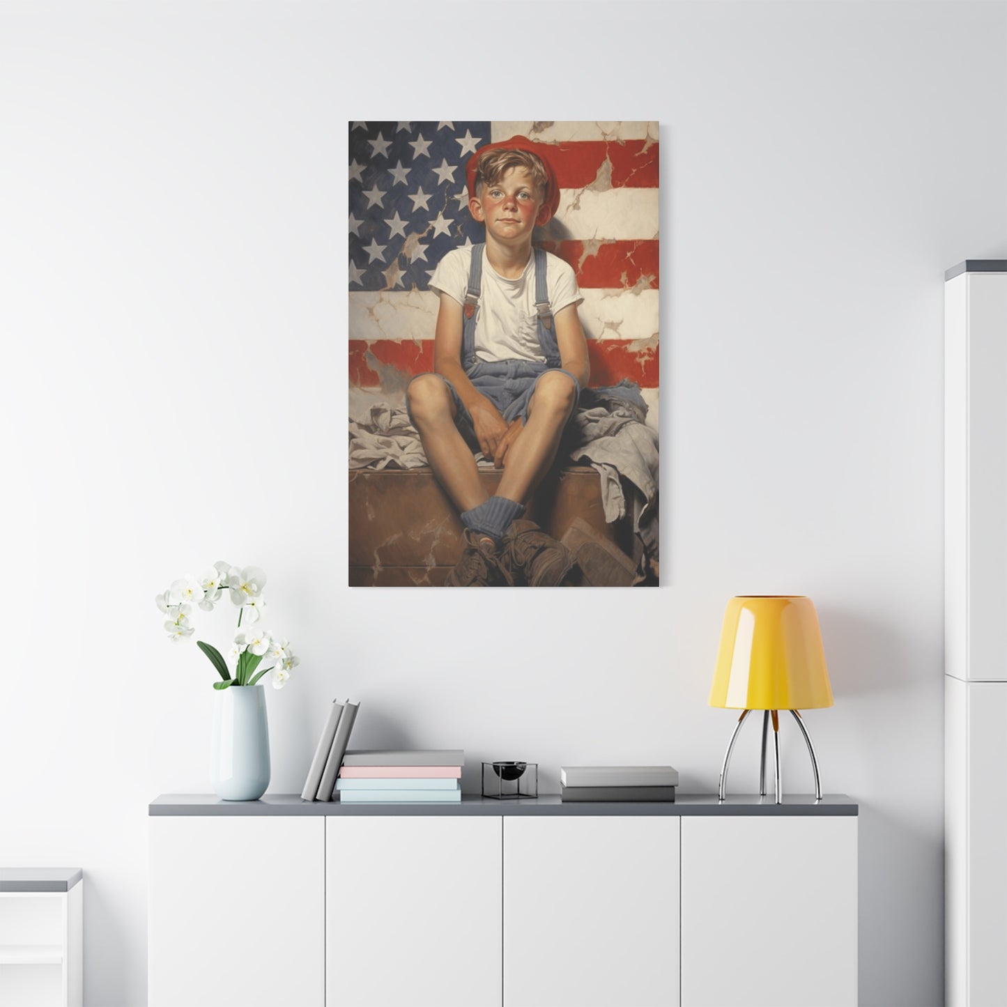 American Boy in front of American Flag Wall Art & Canvas Prints