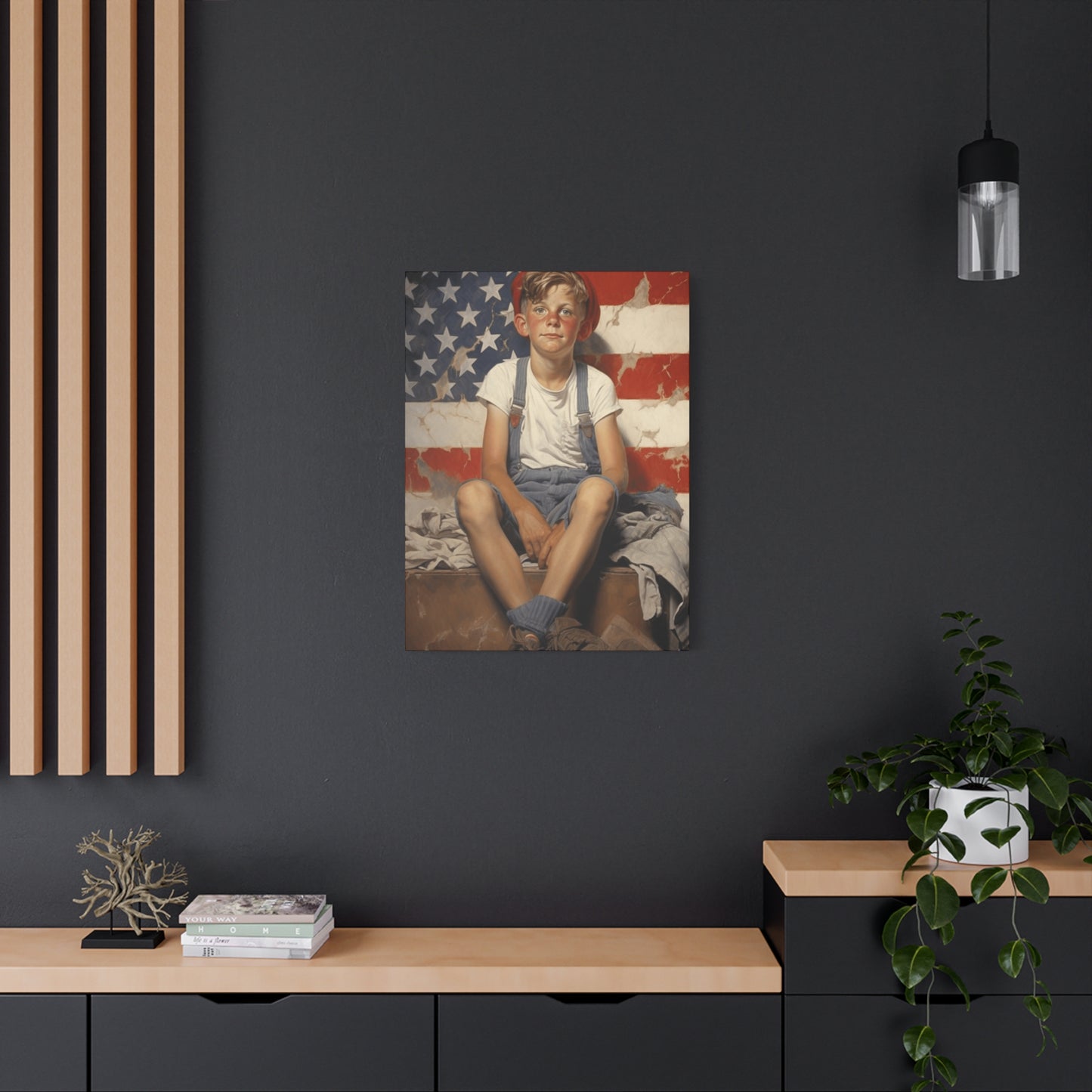 American Boy in front of American Flag Wall Art & Canvas Prints