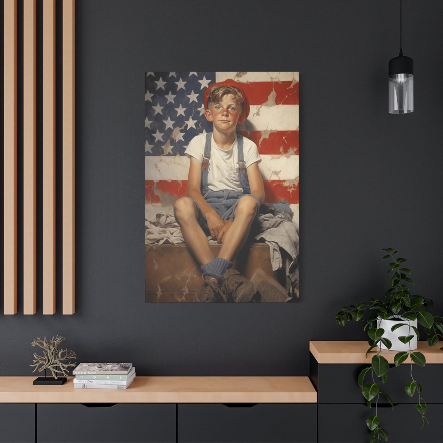 American Boy in front of American Flag Wall Art & Canvas Prints