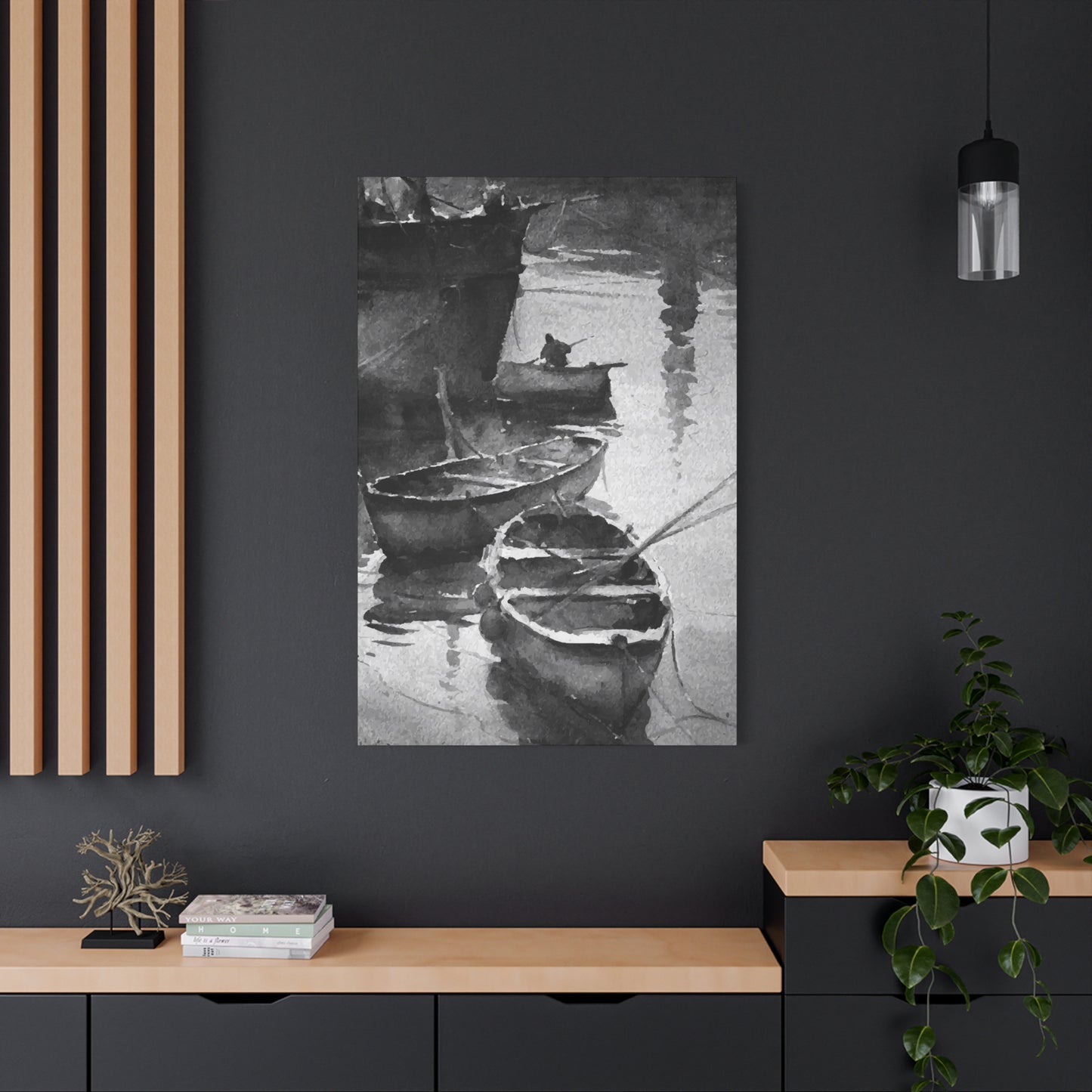 Black & White River & Boat Wall Art & Canvas Prints