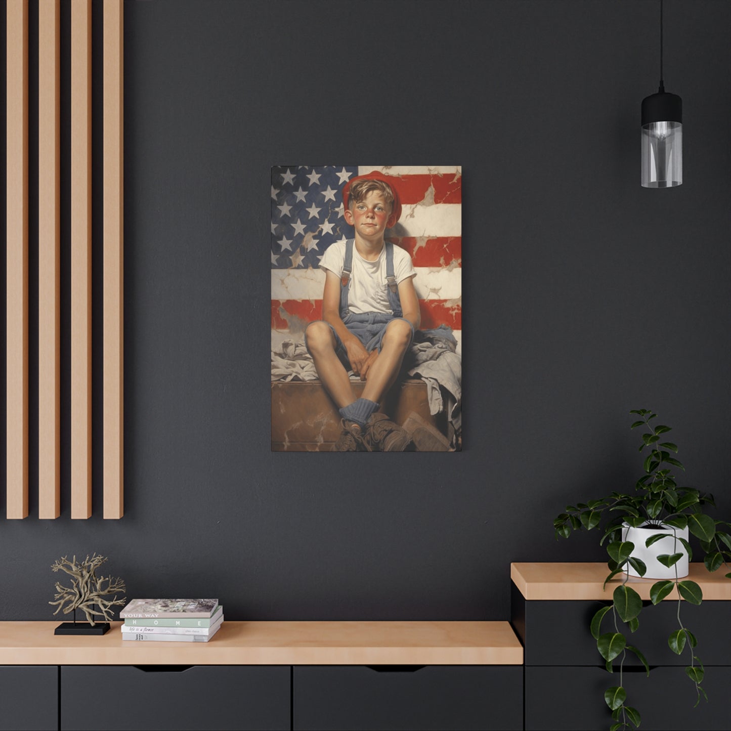 American Boy in front of American Flag Wall Art & Canvas Prints