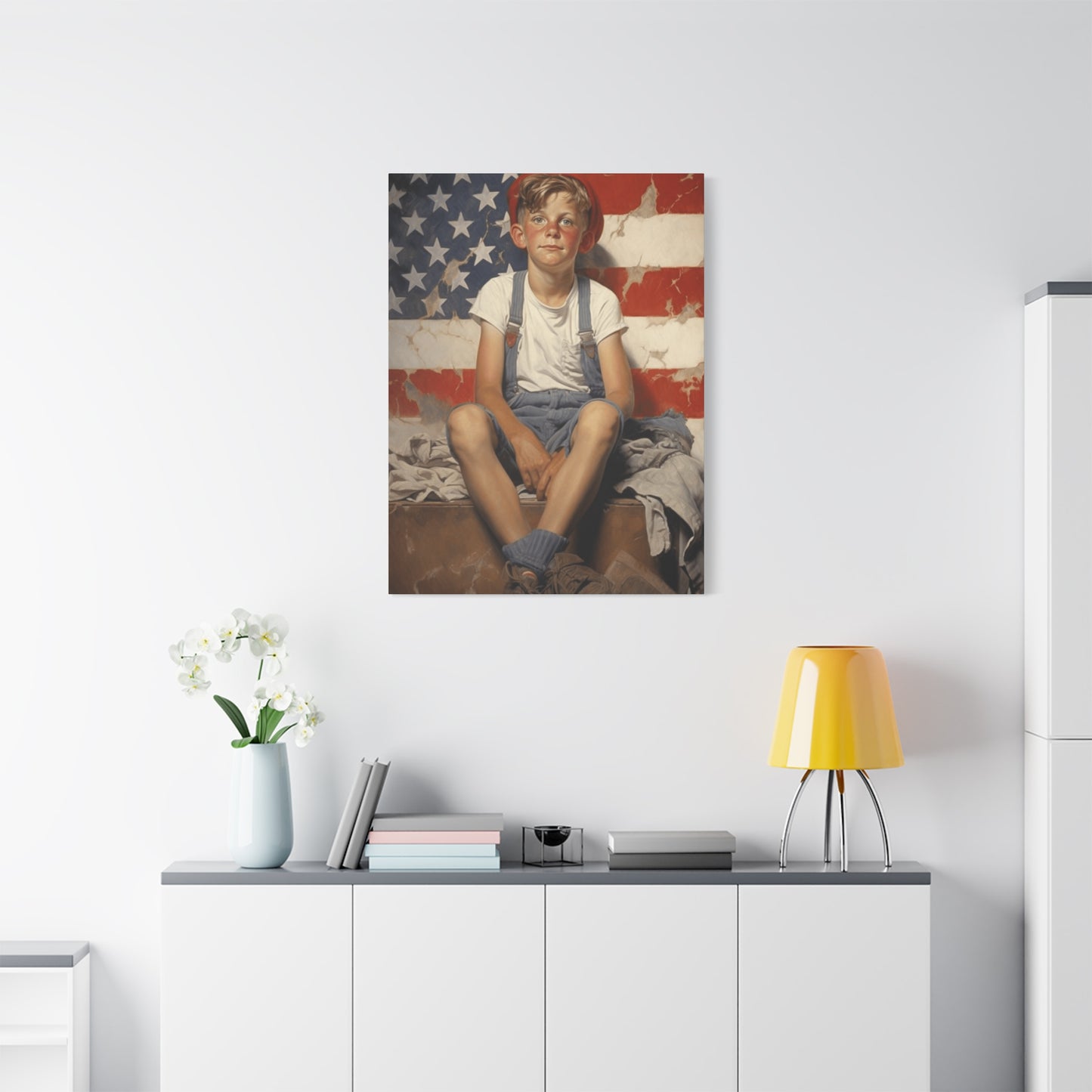 American Boy in front of American Flag Wall Art & Canvas Prints