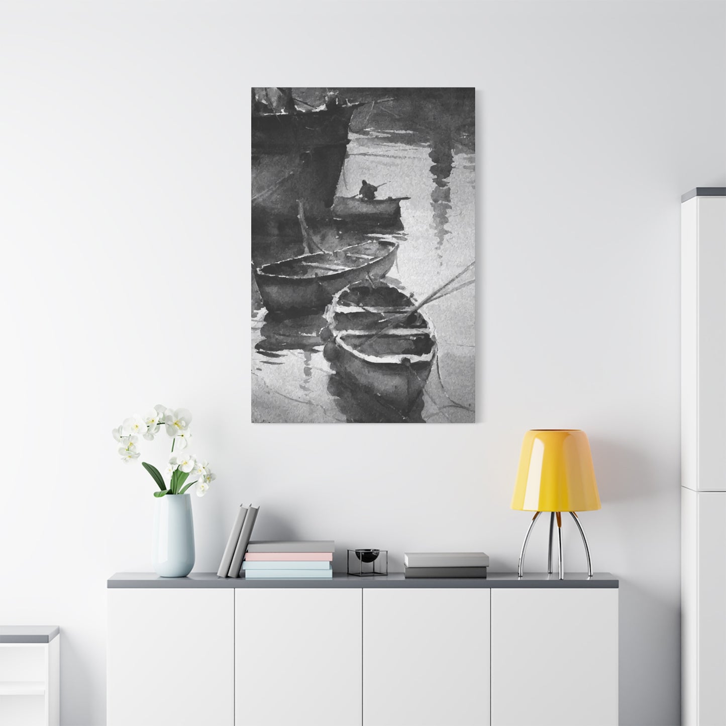 Black & White River & Boat Wall Art & Canvas Prints