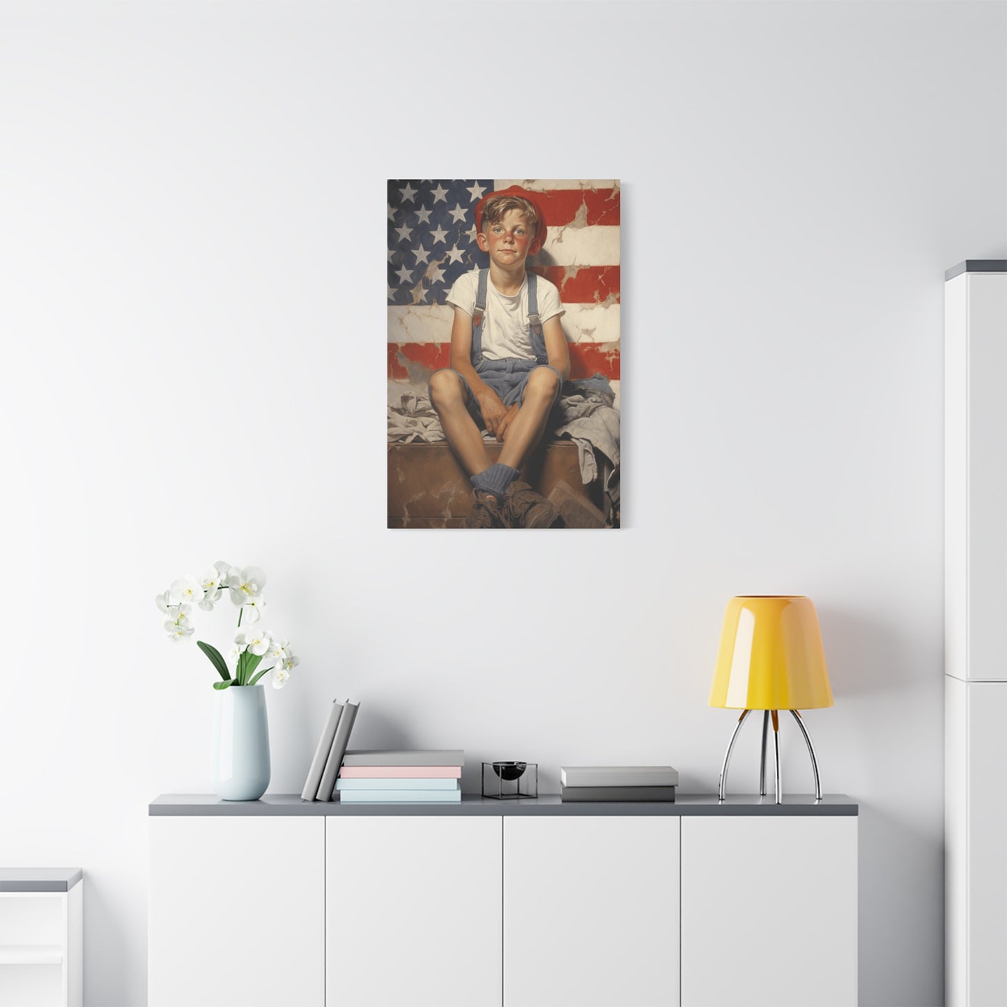 American Boy in front of American Flag Wall Art & Canvas Prints