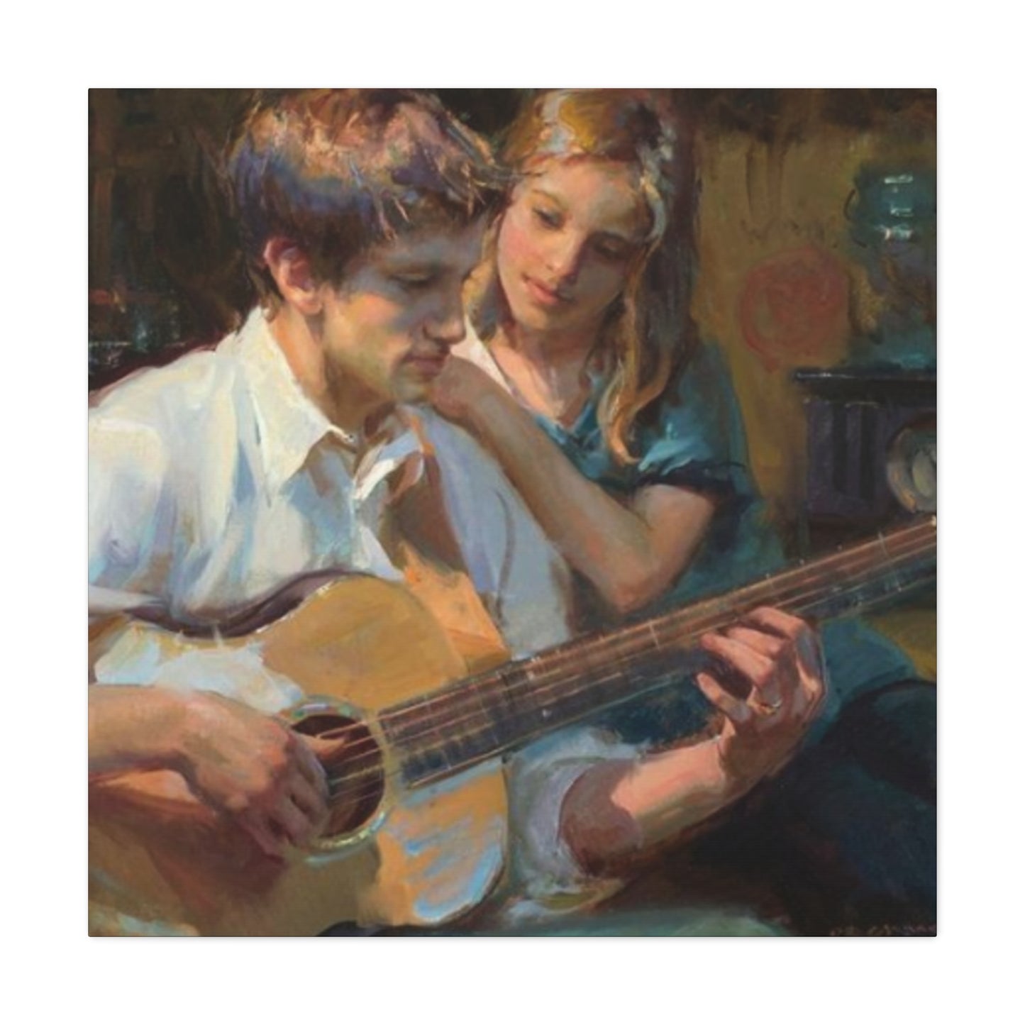 Man Playing Guitar for Girl Wall Art & Canvas Prints