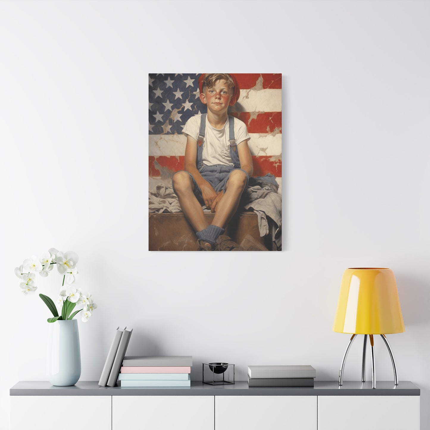 American Boy in front of American Flag Wall Art & Canvas Prints